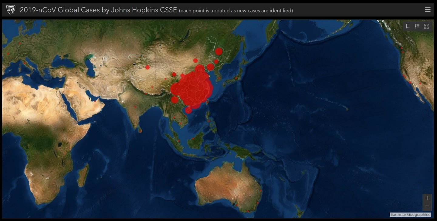 Распространение коронавируса в режиме реального времени по состоянию на 03.02.2020, 15:10. Скриншот с сервиса gisanddata.maps.arcgis.com
